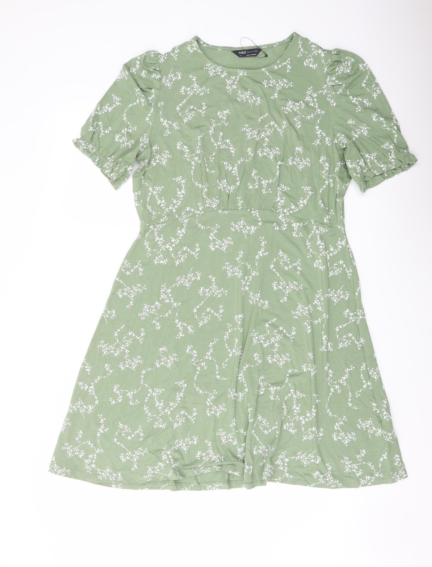 Marks and Spencer Womens Green Floral Viscose A-Line Size 14 Round Neck Pullover