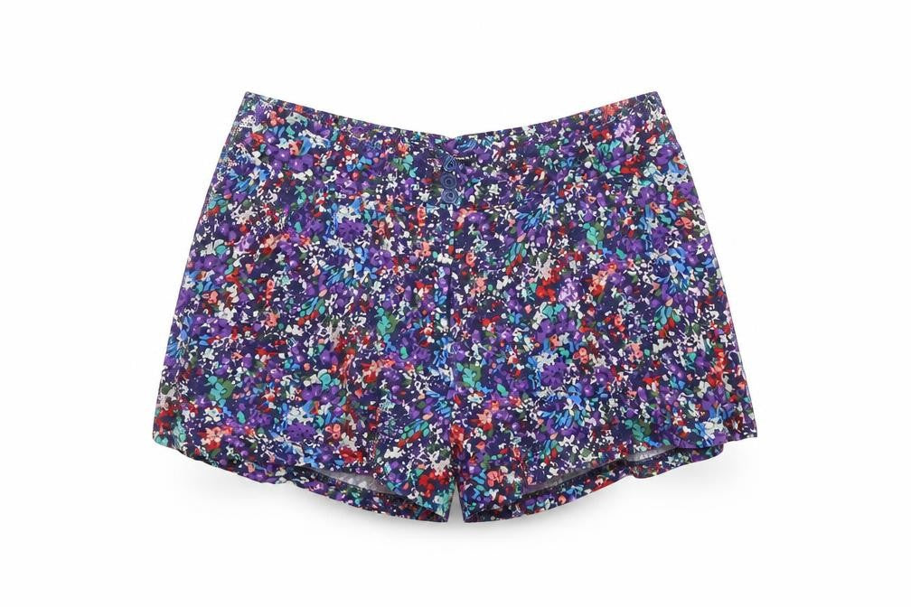 Front view of Warehouse women’s multicoloured floral vinyl basic shorts, size UK 8, 3-inch leg regular button