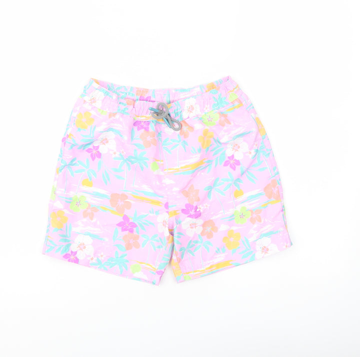 Marks and Spencer Boys Multicoloured Floral Polyester Sweat Shorts Size 8-9 Years Regular Drawstring - Swim Shorts