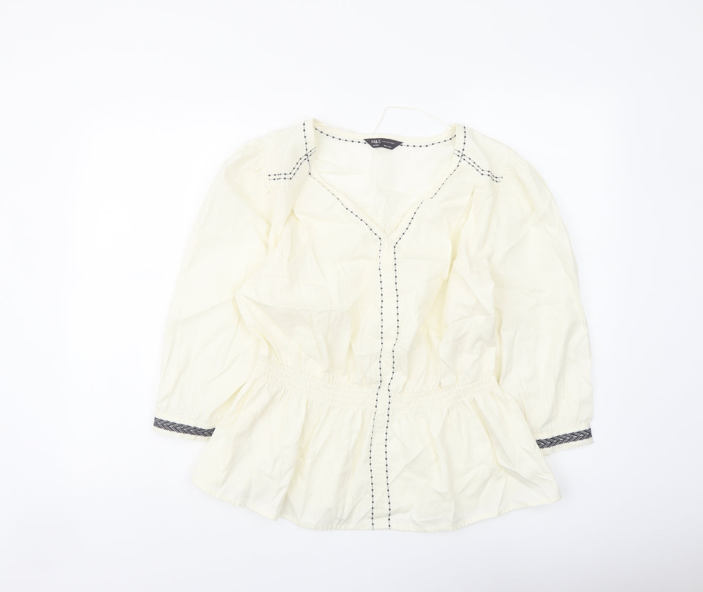 Marks and Spencer Womens Ivory Polyester Basic Blouse Size 14 V-Neck