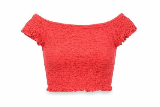 Front view of Terranova women’s red cotton cropped tank, size S, off the shoulder