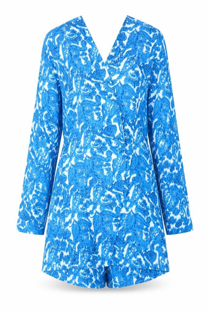 Front view of In the Style women’s blue geometric polyester playsuit one-piece, size UK 10, pullover