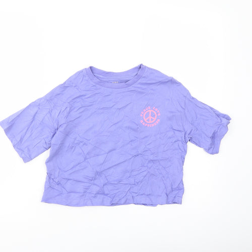 Marks and Spencer Girls Purple Cotton Cropped T-Shirt Size 7-8 Years Crew Neck Pullover