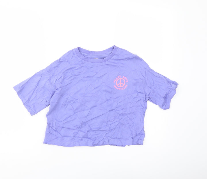 Marks and Spencer Girls Purple Cotton Cropped T-Shirt Size 7-8 Years Crew Neck Pullover