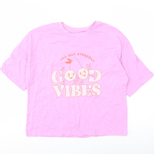 Marks and Spencer Girls Purple Cotton Basic T-Shirt Size 12-13 Years Crew Neck Pullover - Good Vibes