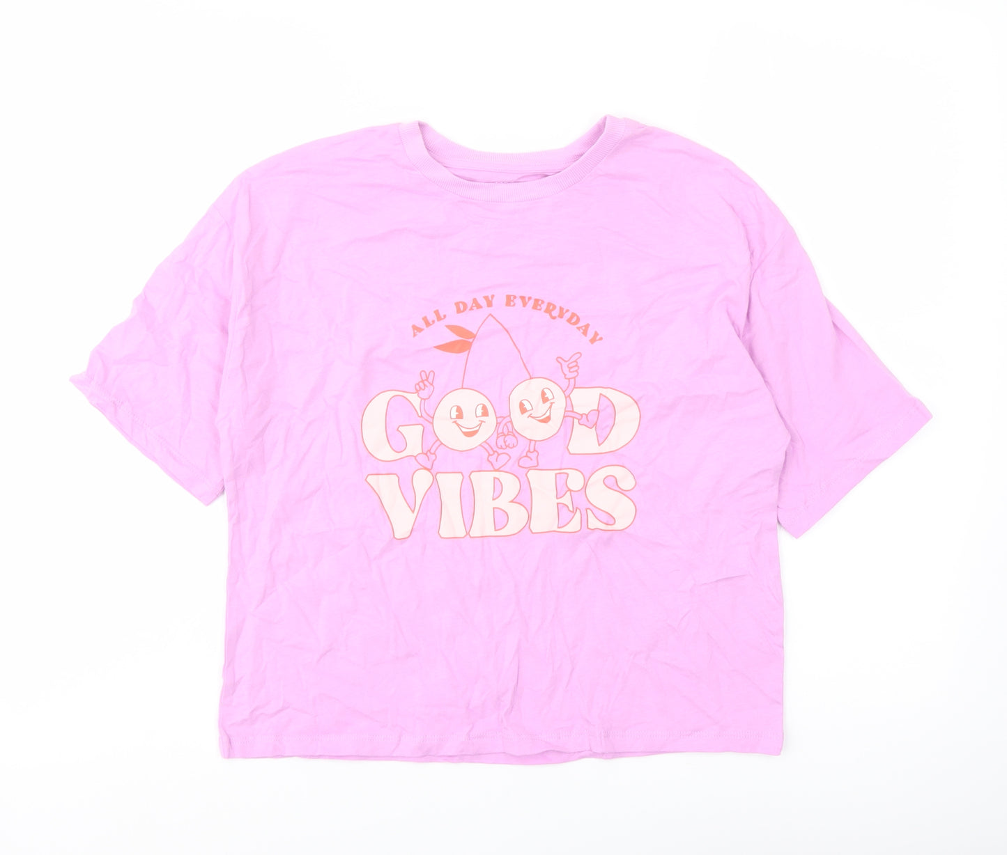 Marks and Spencer Girls Purple Cotton Basic T-Shirt Size 12-13 Years Crew Neck Pullover - Good Vibes