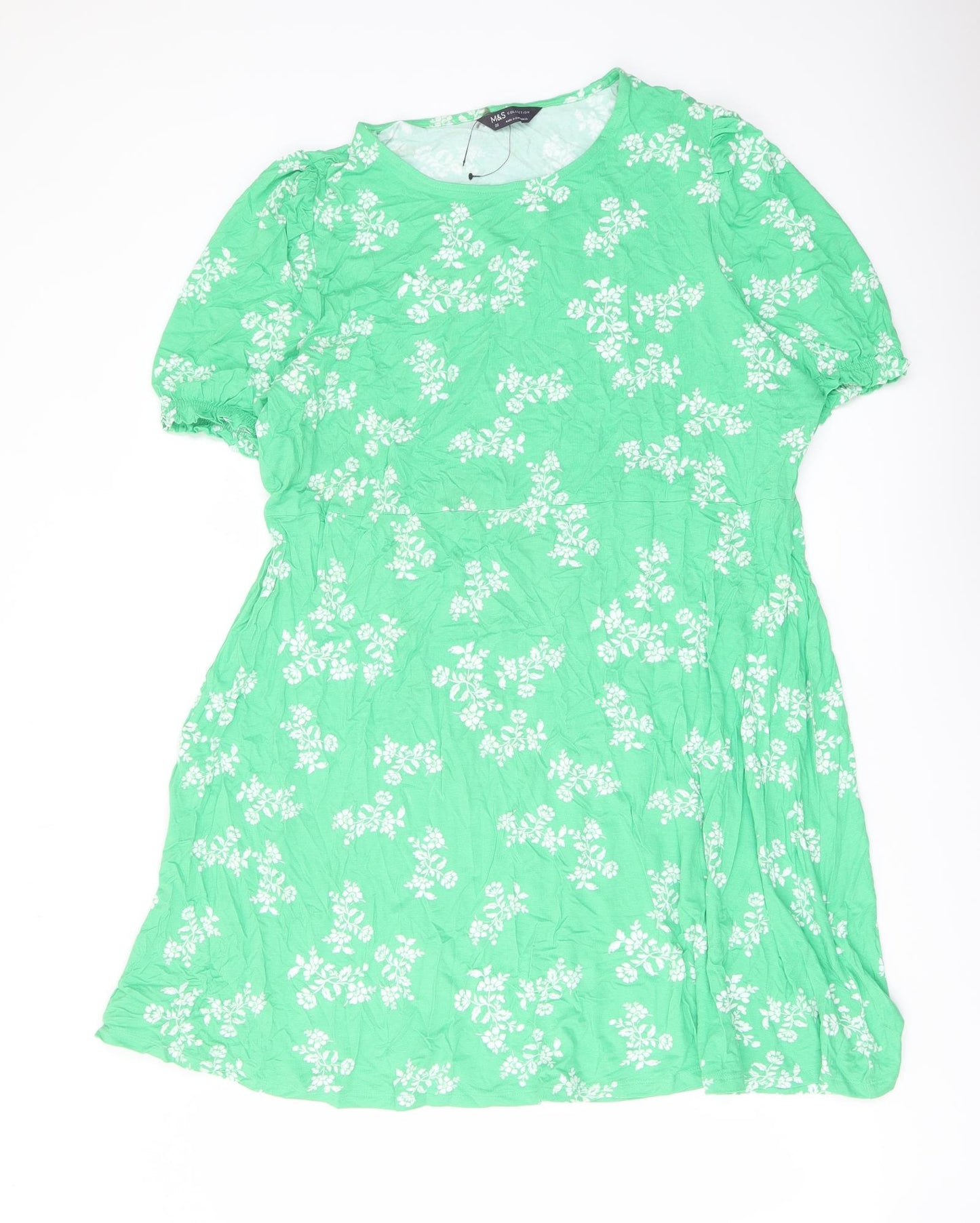 Marks and Spencer Womens Green Floral Viscose A-Line Size 22 Round Neck Pullover