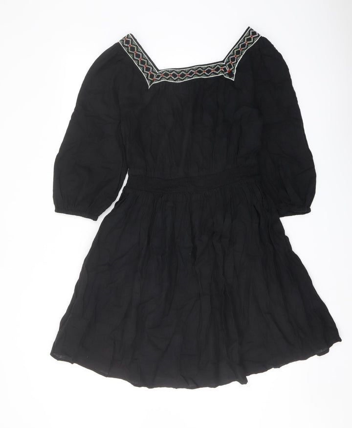 Marks and Spencer Womens Black Linen A-Line Size 8 Square Neck Pullover