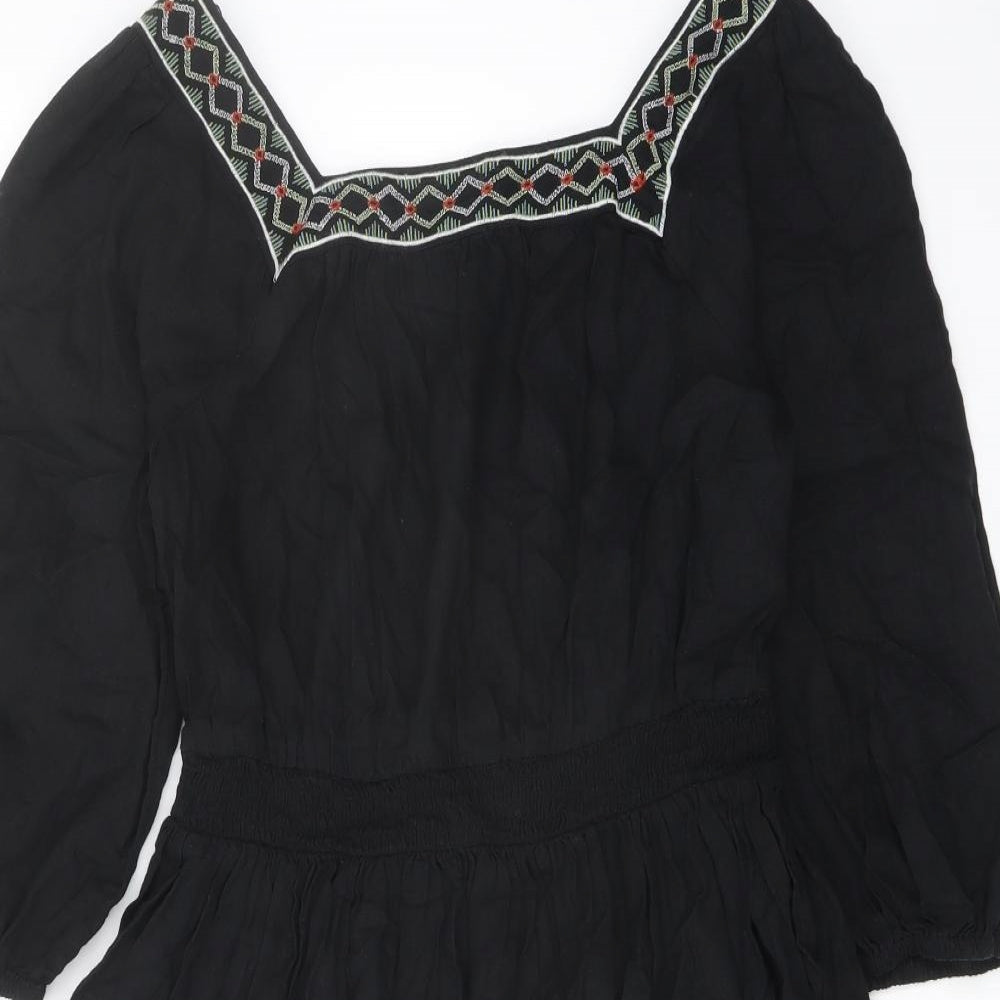 Marks and Spencer Womens Black Linen A-Line Size 8 Square Neck Pullover
