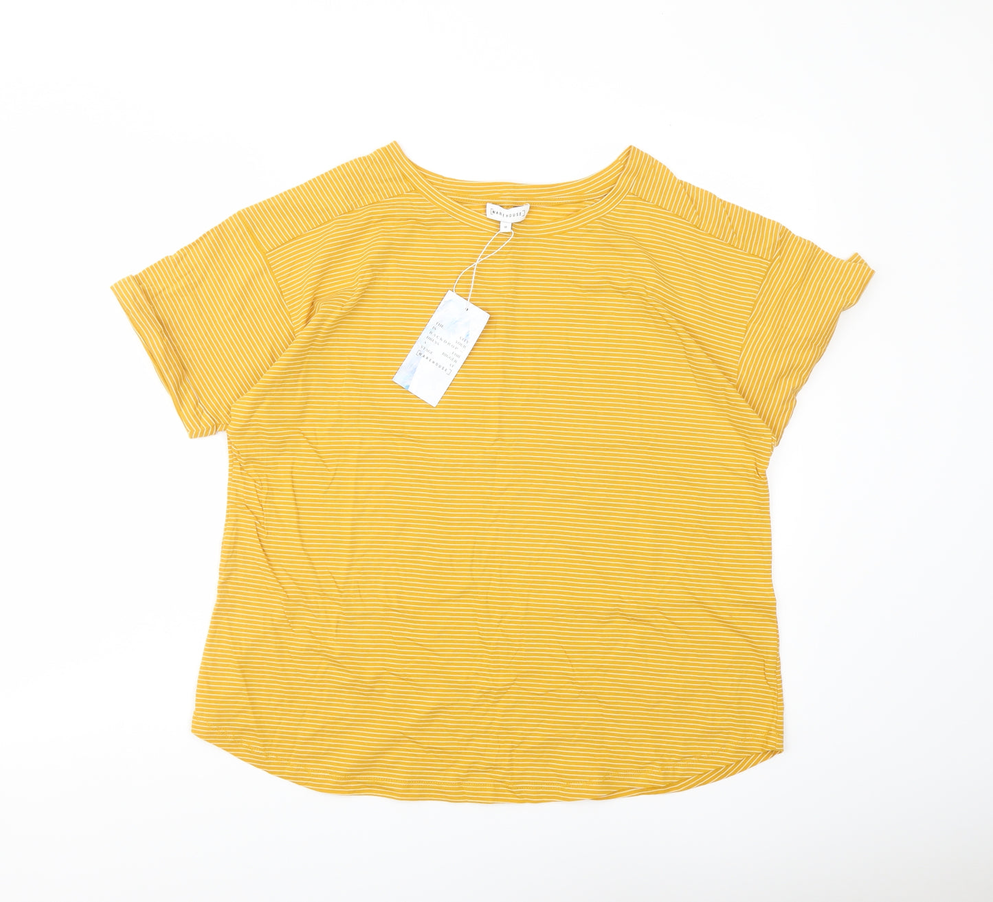 Warehouse Womens Yellow Striped Cotton Basic T-Shirt Size 16 Round Neck