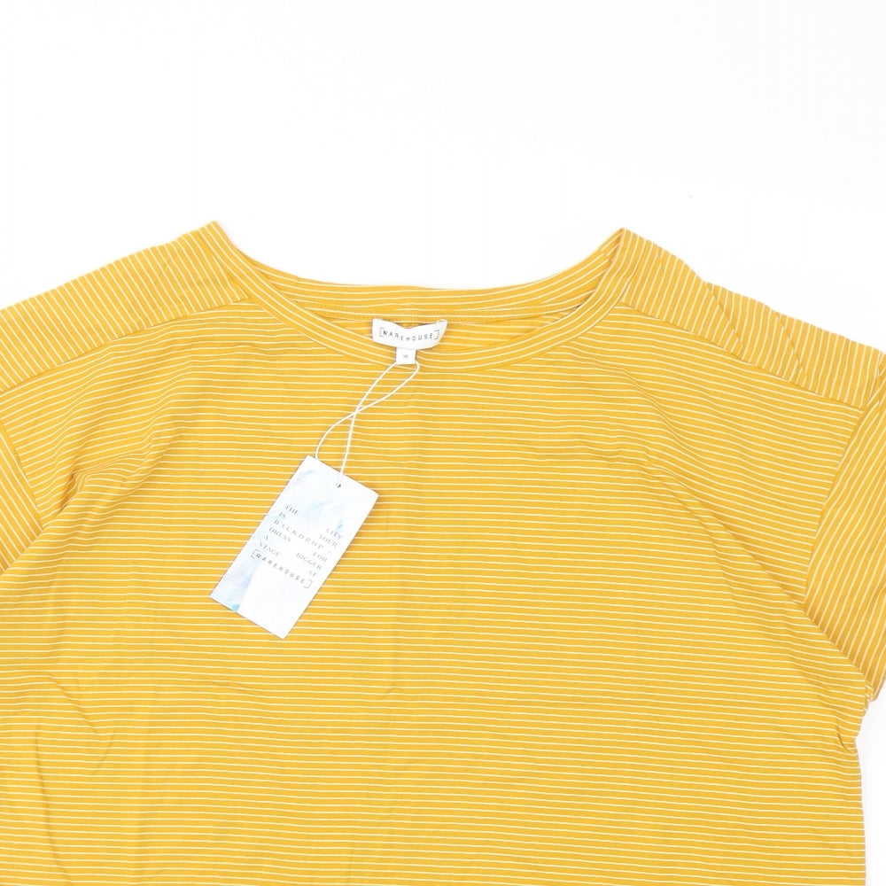 Warehouse Womens Yellow Striped Cotton Basic T-Shirt Size 16 Round Neck