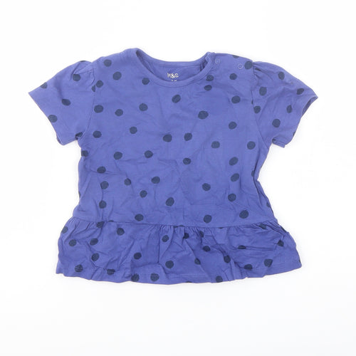 Marks and Spencer Girls Blue Polka Dot Cotton Basic T-Shirt Size 2-3 Years Crew Neck Snap