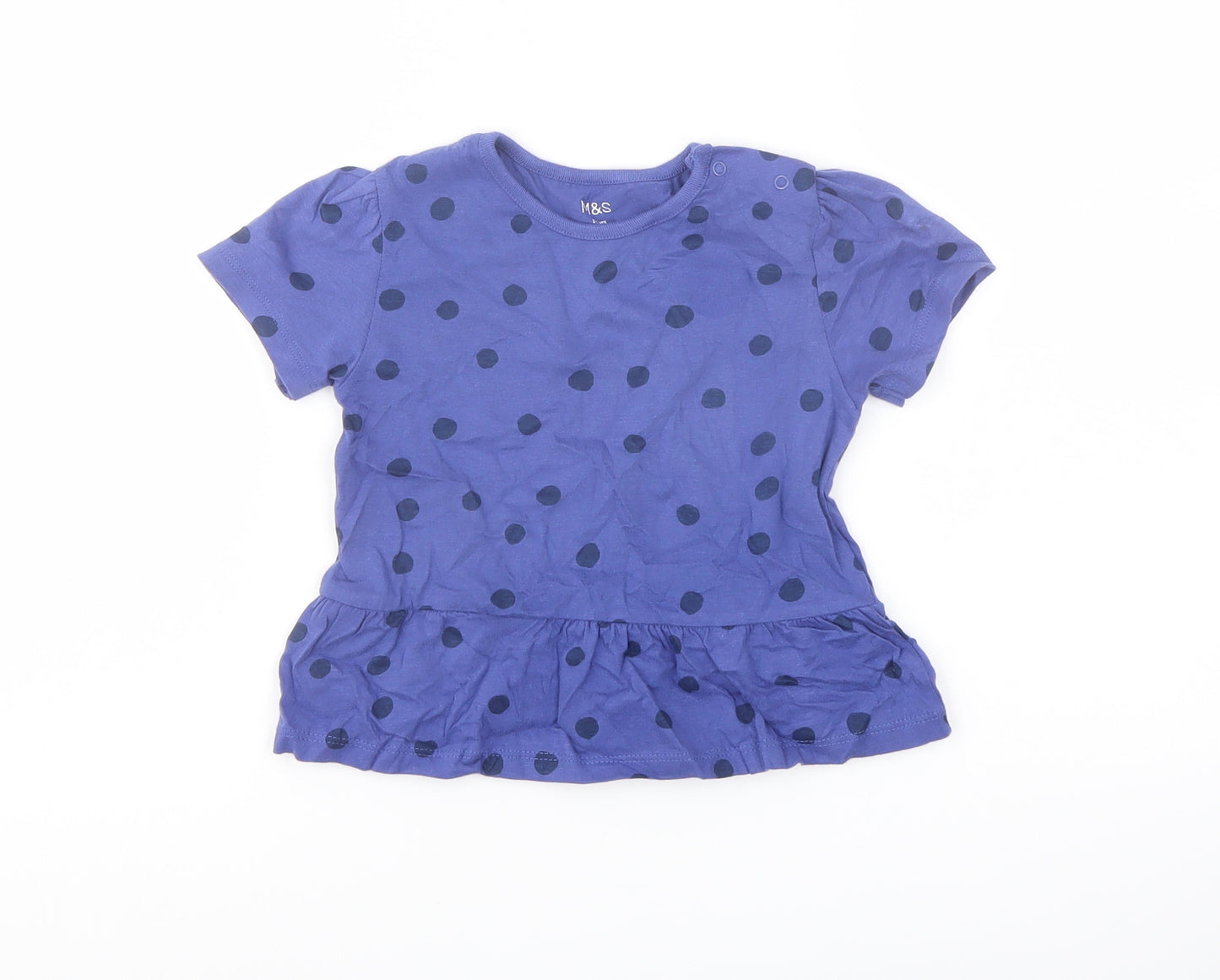 Marks and Spencer Girls Blue Polka Dot Cotton Basic T-Shirt Size 2-3 Years Crew Neck Snap