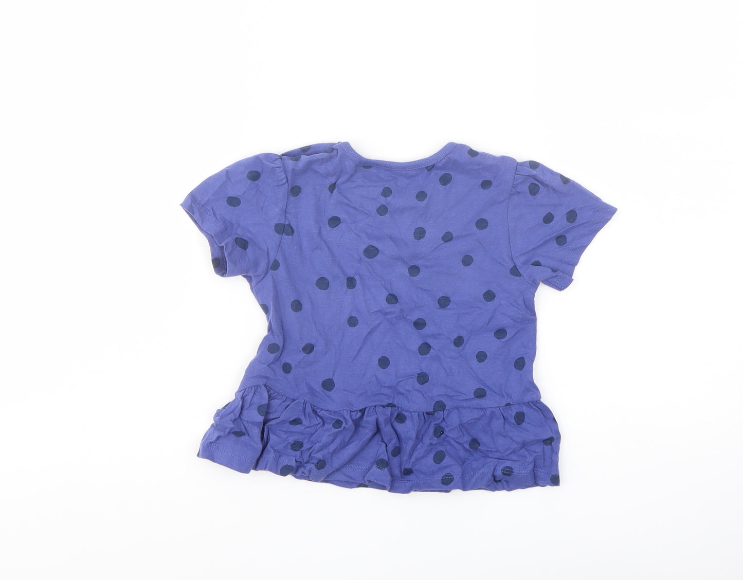 Marks and Spencer Girls Blue Polka Dot Cotton Basic T-Shirt Size 2-3 Years Crew Neck Snap