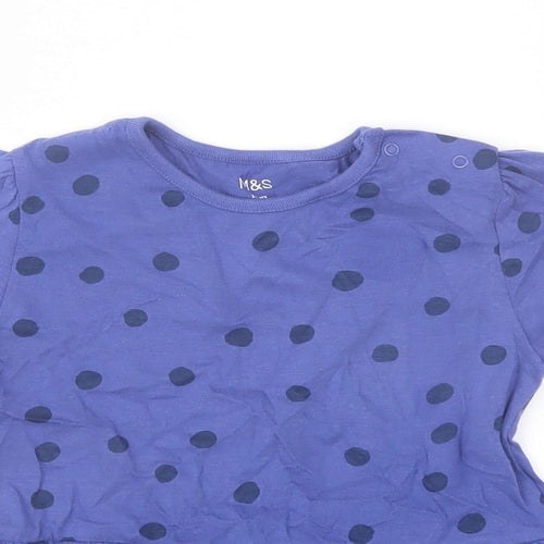 Marks and Spencer Girls Blue Polka Dot Cotton Basic T-Shirt Size 2-3 Years Crew Neck Snap