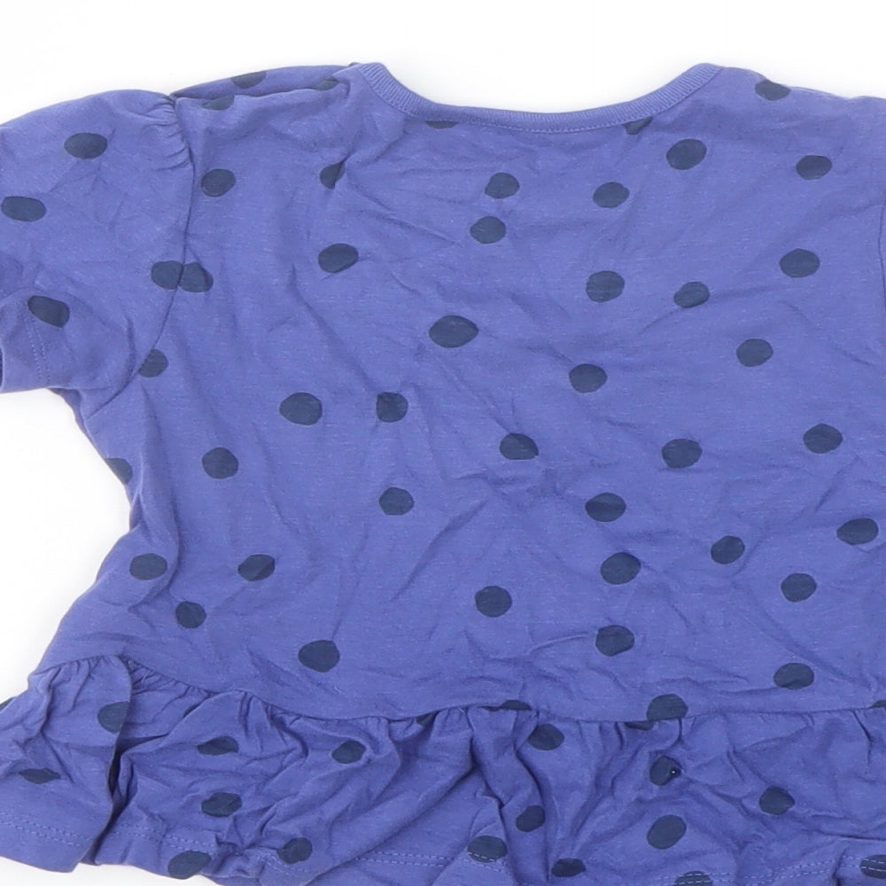 Marks and Spencer Girls Blue Polka Dot Cotton Basic T-Shirt Size 2-3 Years Crew Neck Snap