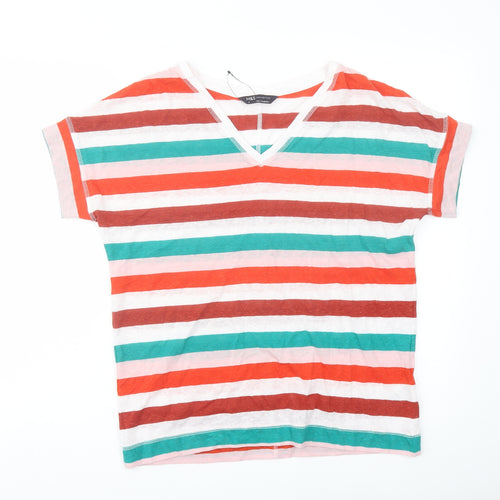 Marks and Spencer Womens Multicoloured Striped Linen Basic T-Shirt Size 8 V-Neck
