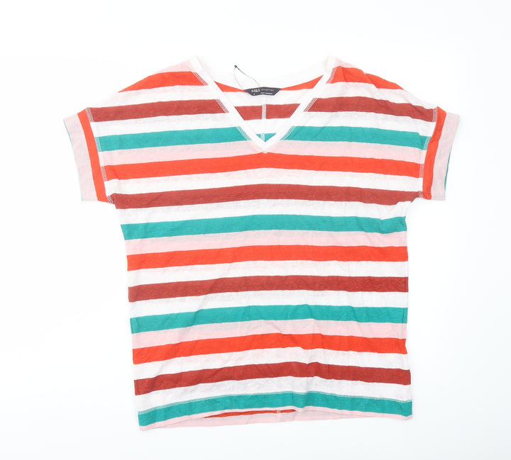 Marks and Spencer Womens Multicoloured Striped Linen Basic T-Shirt Size 8 V-Neck
