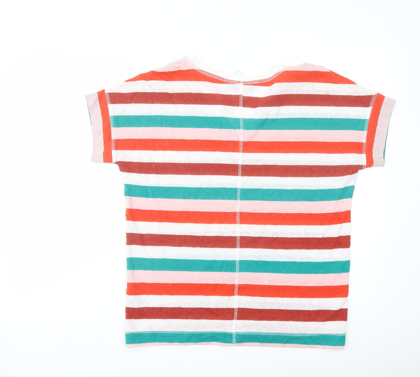 Marks and Spencer Womens Multicoloured Striped Linen Basic T-Shirt Size 8 V-Neck
