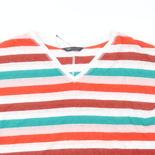 Marks and Spencer Womens Multicoloured Striped Linen Basic T-Shirt Size 8 V-Neck
