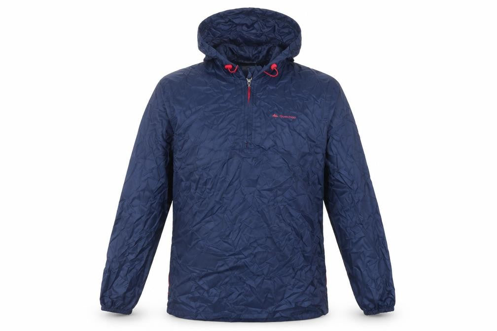 Front view of Quechua men’s blue anorak jacket, size S, zip