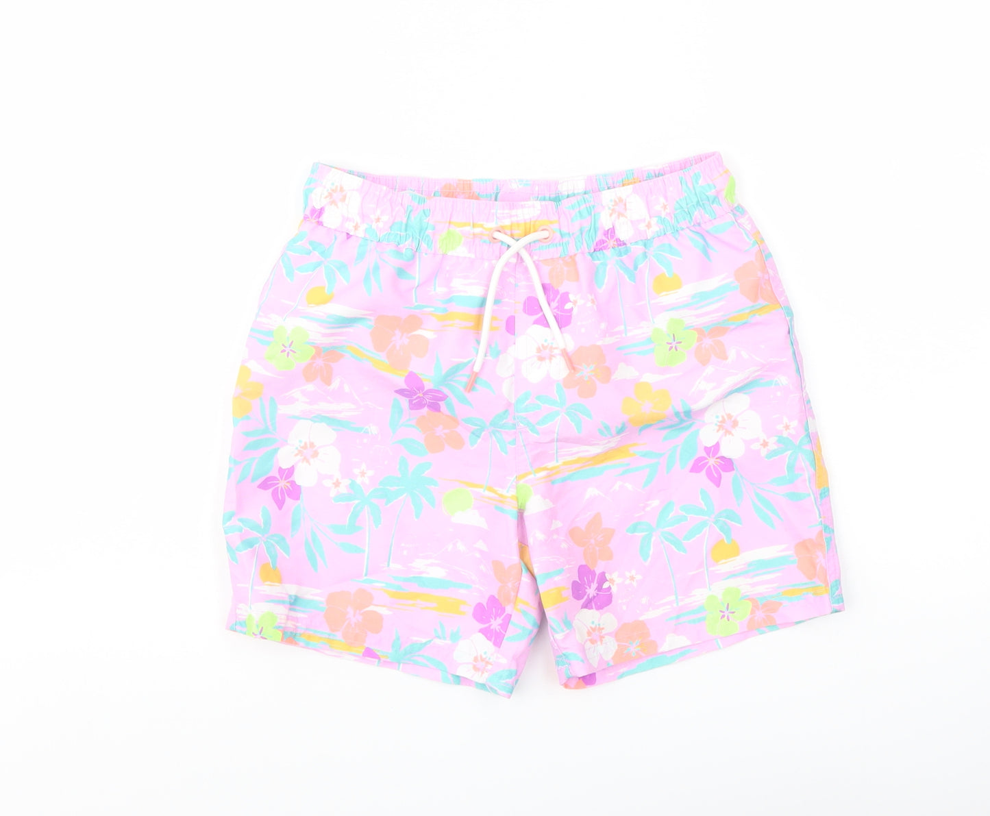 Marks and Spencer Boys Multicoloured Geometric Polyester Sweat Shorts Size 7-8 Years Regular Drawstring - Swim Shorts