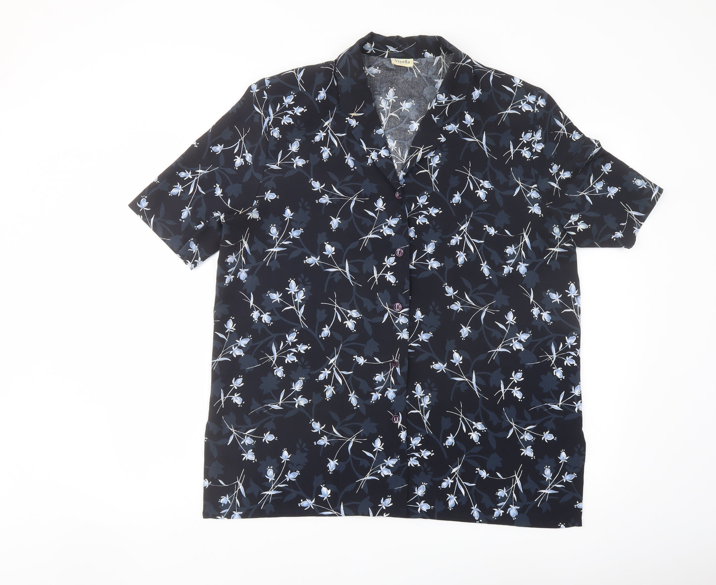 Viyella Womens Blue Floral Polyester Basic Blouse Size 14 Collared