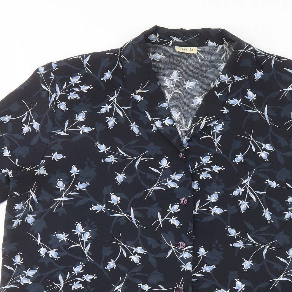 Viyella Womens Blue Floral Polyester Basic Blouse Size 14 Collared