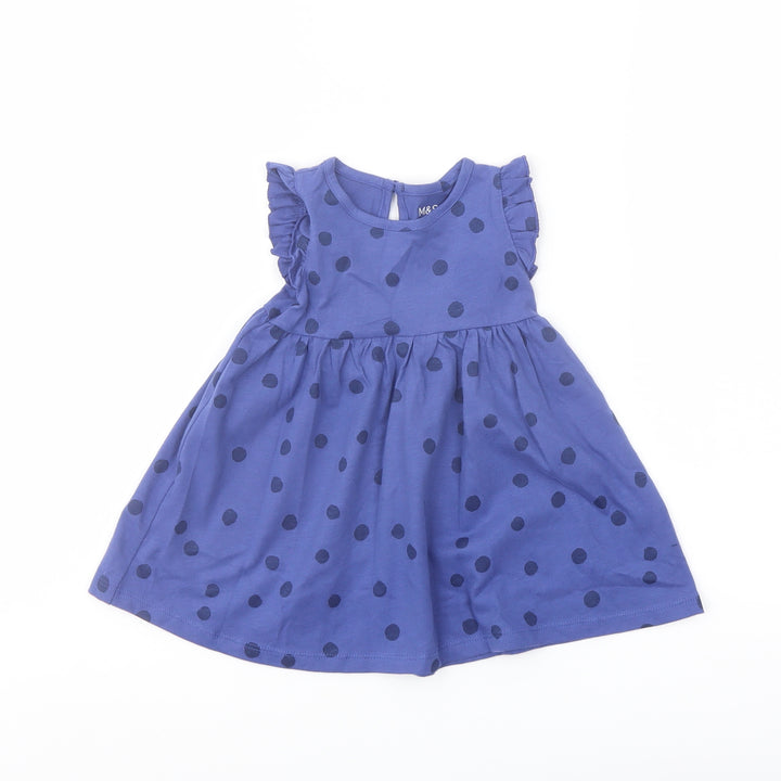 Marks and Spencer Girls Blue Polka Dot Cotton A-Line Size 3-6 Months Crew Neck Button