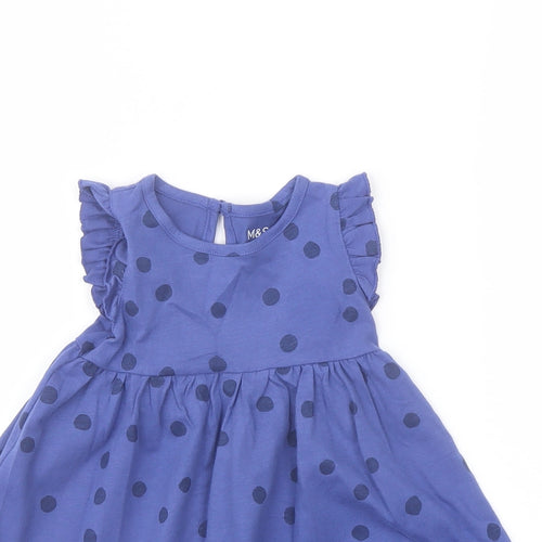 Marks and Spencer Girls Blue Polka Dot Cotton A-Line Size 3-6 Months Crew Neck Button