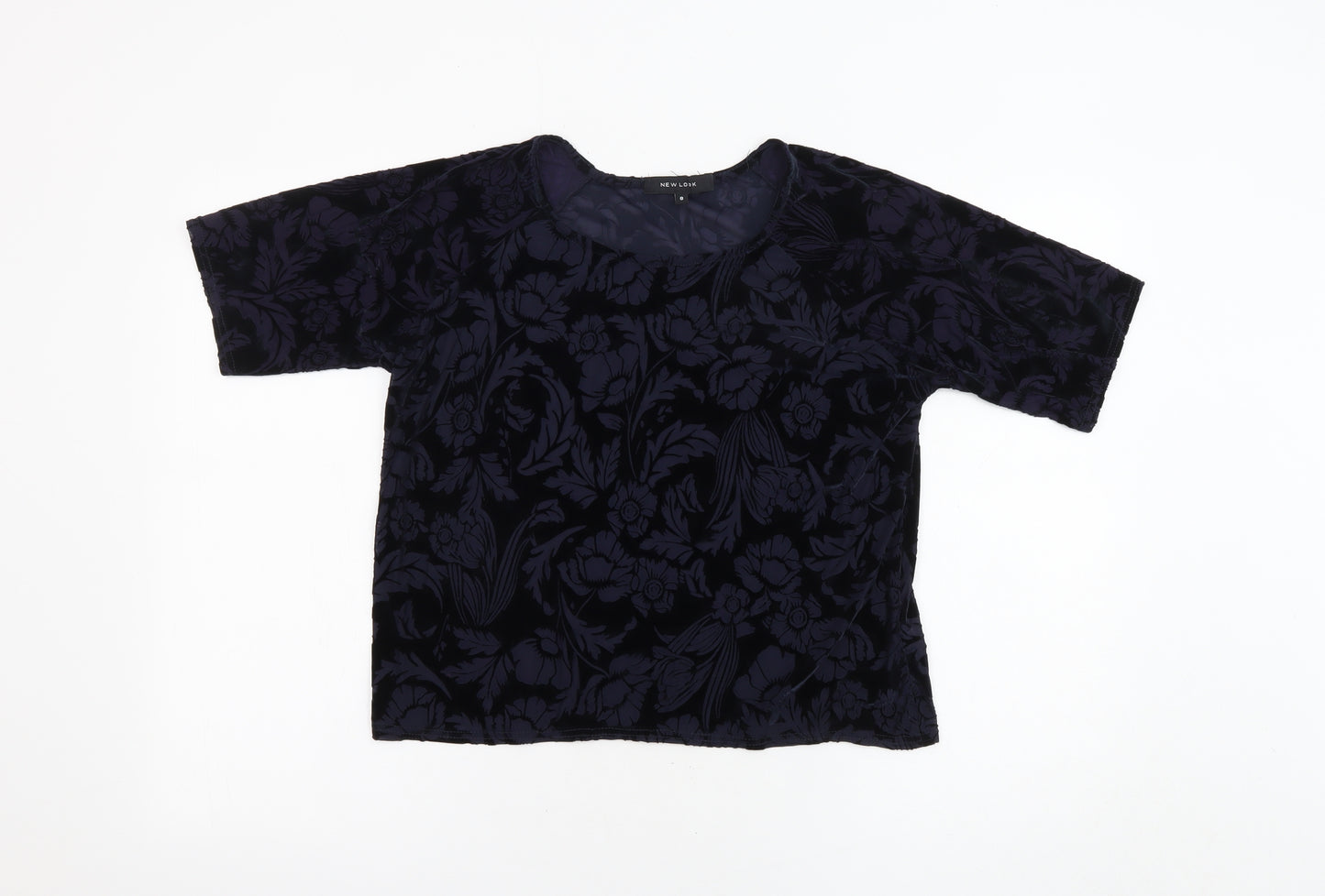 New Look Womens Black Floral Polyester Basic Blouse Size 8 Round Neck - Sheer