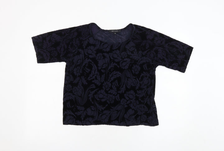 New Look Womens Black Floral Polyester Basic Blouse Size 8 Round Neck - Sheer