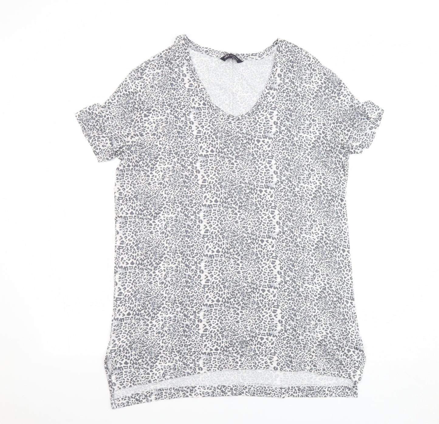 Marks and Spencer Womens Grey Animal Print Viscose Basic T-Shirt Size 14 Round Neck - Leopard Print