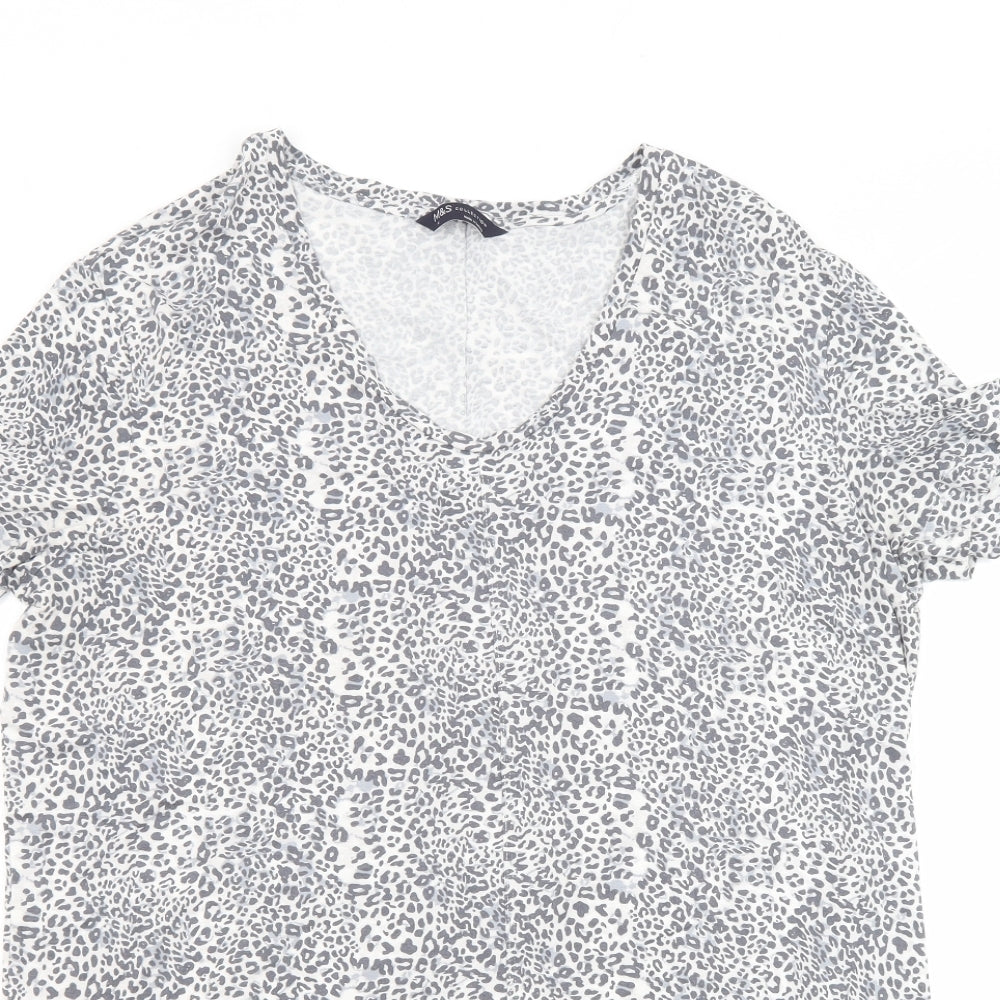 Marks and Spencer Womens Grey Animal Print Viscose Basic T-Shirt Size 14 Round Neck - Leopard Print