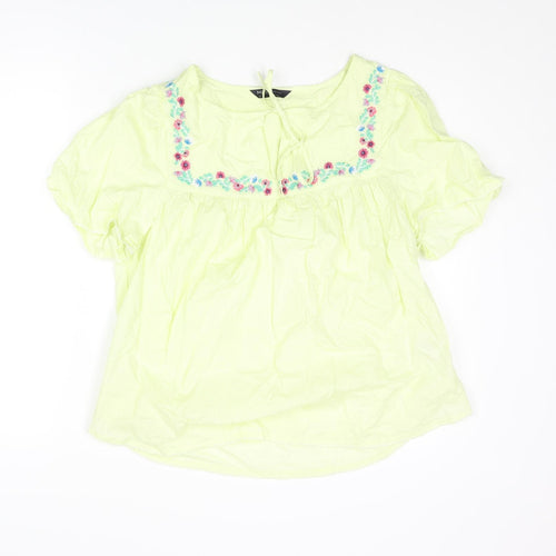 Marks and Spencer Womens Green Cotton Basic Blouse Size 12 Round Neck - Floral Embroidery