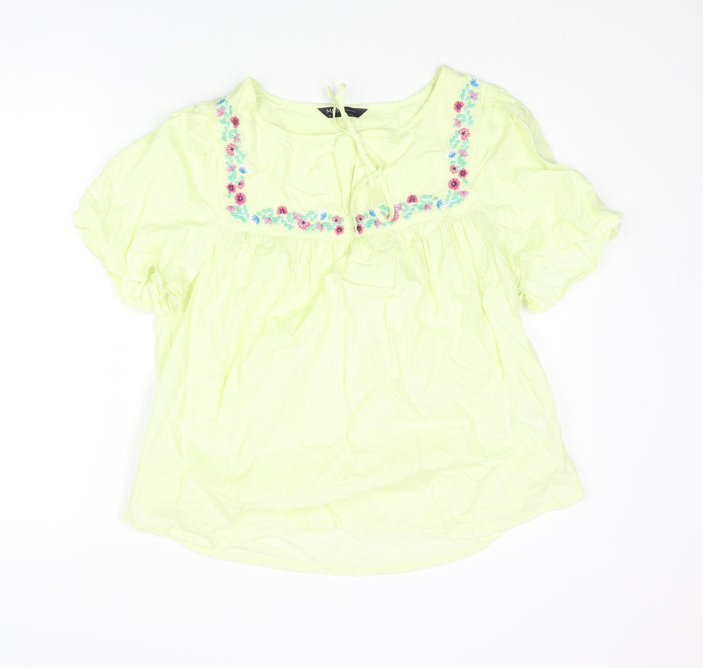 Marks and Spencer Womens Green Cotton Basic Blouse Size 12 Round Neck - Floral Embroidery