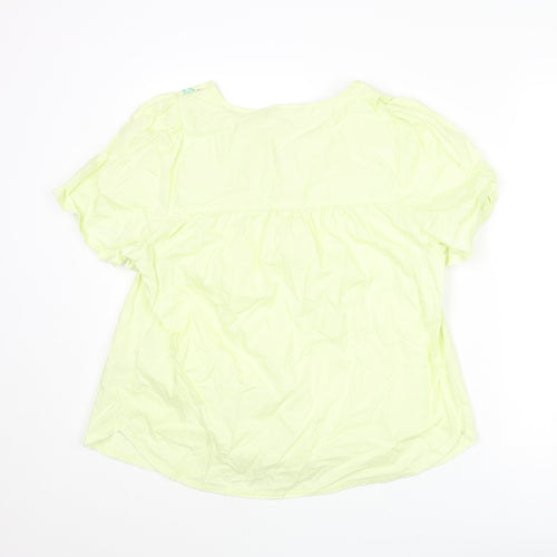 Marks and Spencer Womens Green Cotton Basic Blouse Size 12 Round Neck - Floral Embroidery
