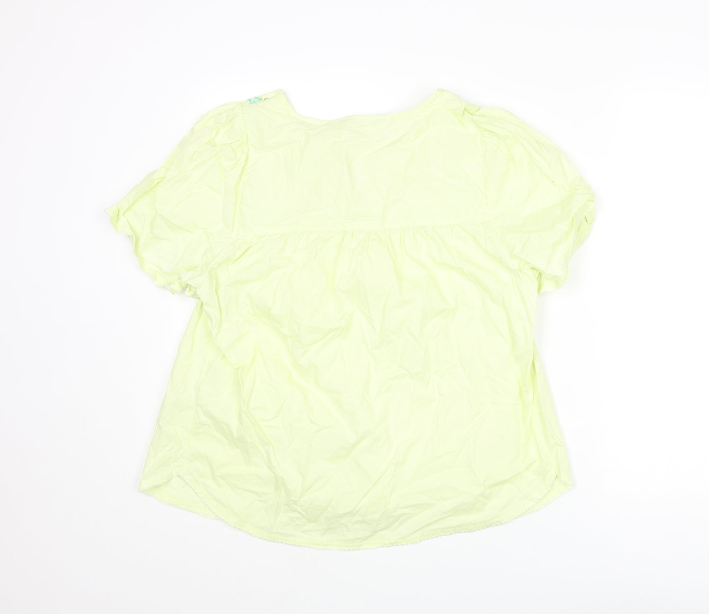Marks and Spencer Womens Green Cotton Basic Blouse Size 12 Round Neck - Floral Embroidery