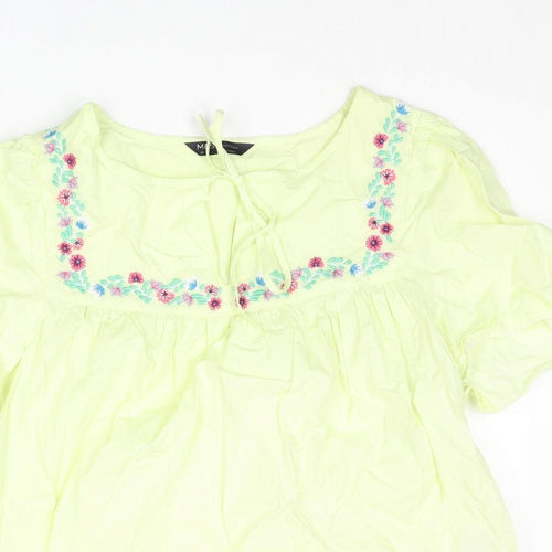 Marks and Spencer Womens Green Cotton Basic Blouse Size 12 Round Neck - Floral Embroidery