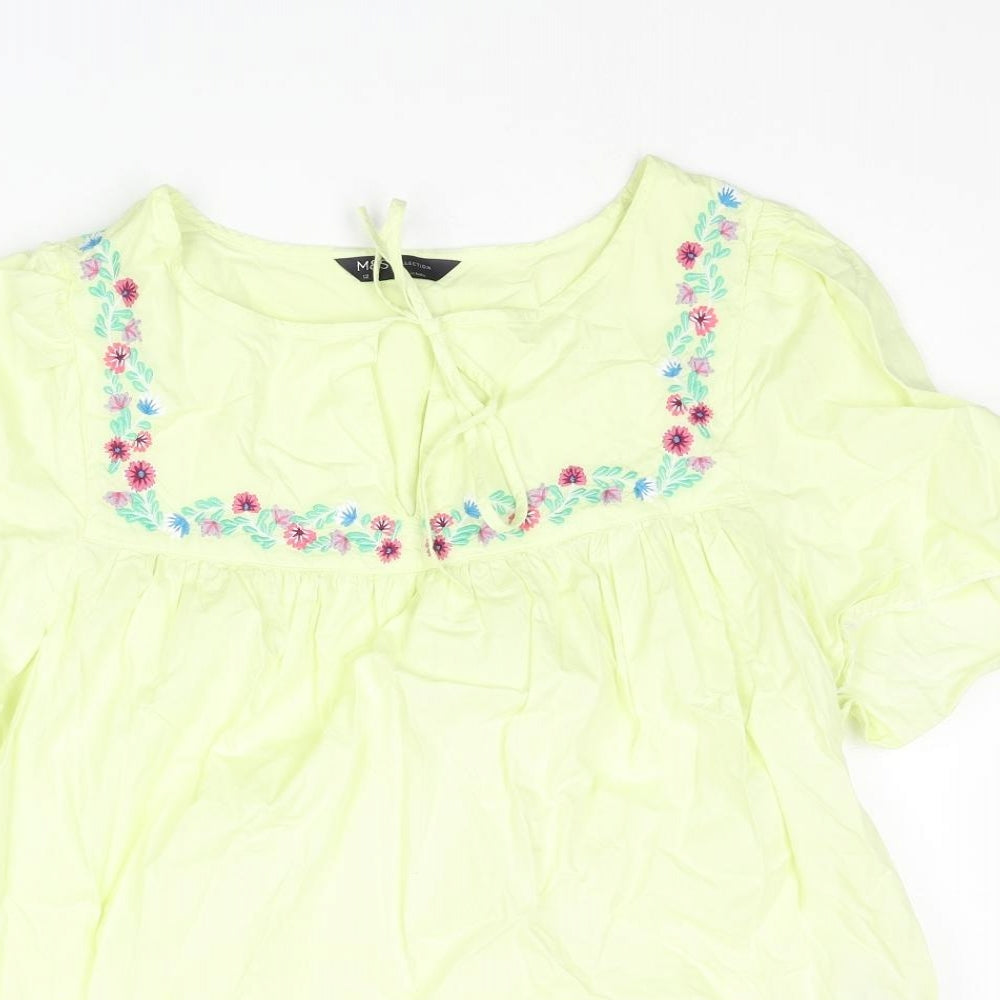 Marks and Spencer Womens Green Cotton Basic Blouse Size 12 Round Neck - Floral Embroidery