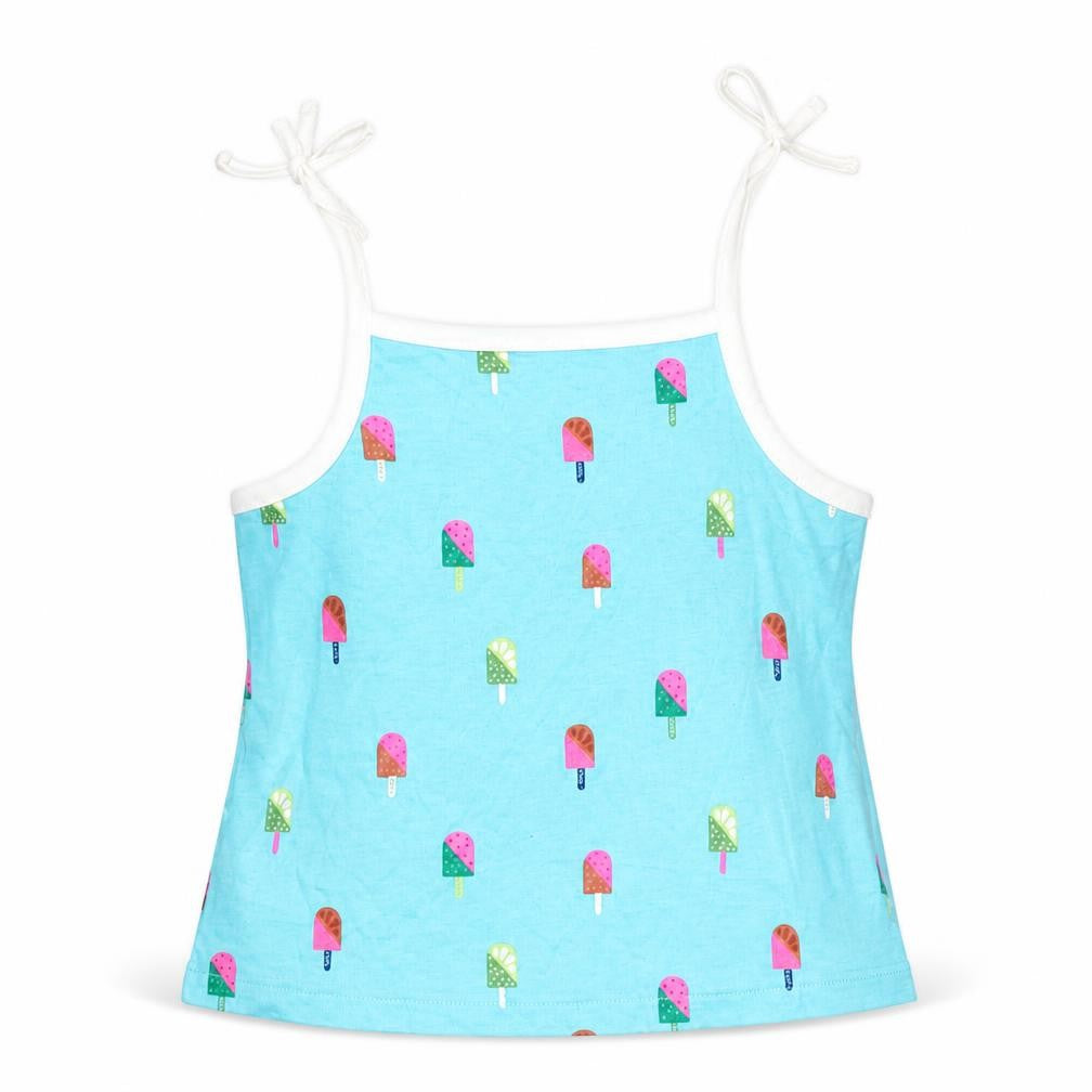 Front view of Marks & Spencer girls’ blue cotton basic tank, size 2-3, years square neck pullover - ice lolly print