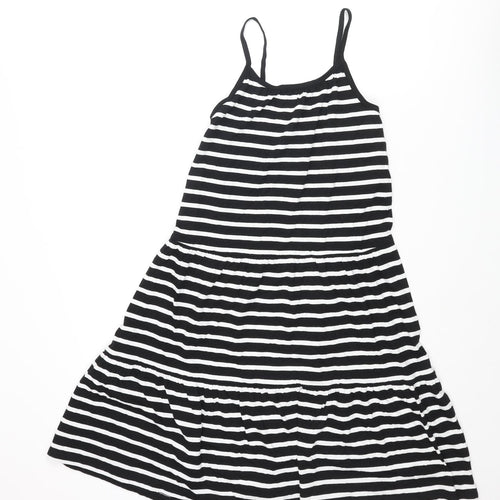 Marks and Spencer Girls Black Striped Cotton A-Line Size 9-10 Years Scoop Neck Pullover - Smocked