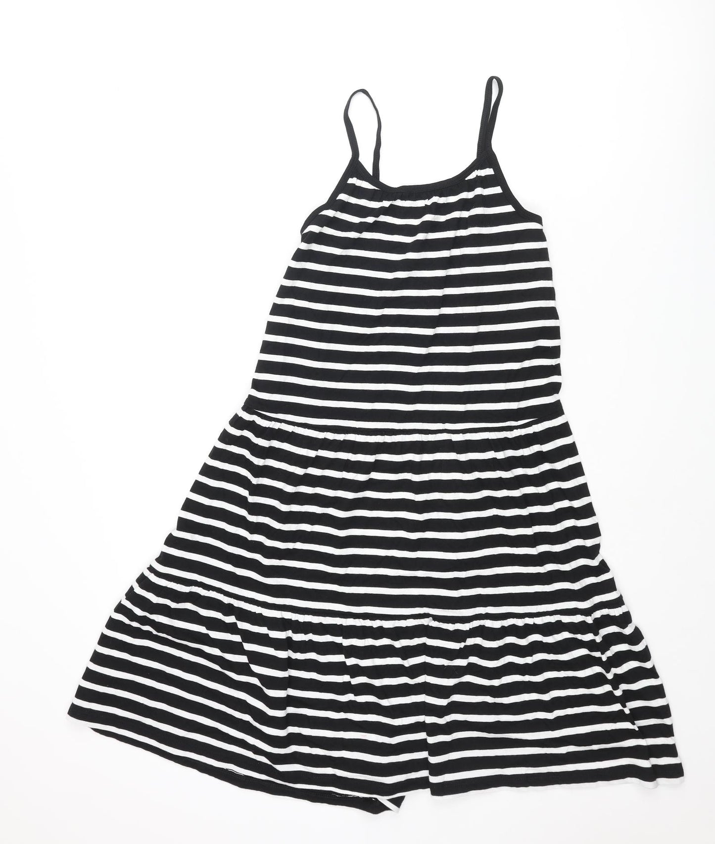 Marks and Spencer Girls Black Striped Cotton A-Line Size 9-10 Years Scoop Neck Pullover - Smocked