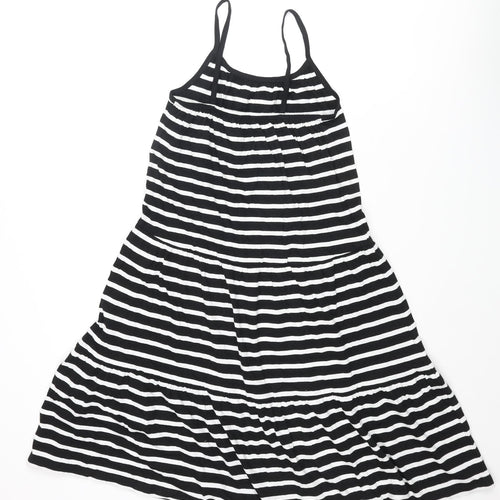 Marks and Spencer Girls Black Striped Cotton A-Line Size 9-10 Years Scoop Neck Pullover - Smocked