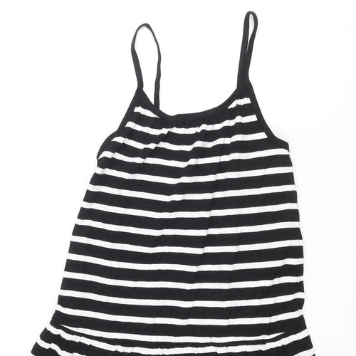 Marks and Spencer Girls Black Striped Cotton A-Line Size 9-10 Years Scoop Neck Pullover - Smocked