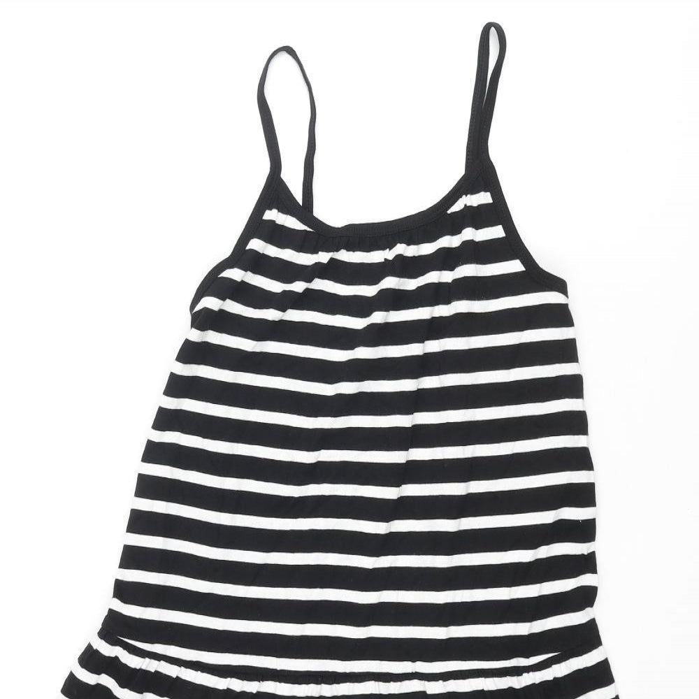Marks and Spencer Girls Black Striped Cotton A-Line Size 9-10 Years Scoop Neck Pullover - Smocked