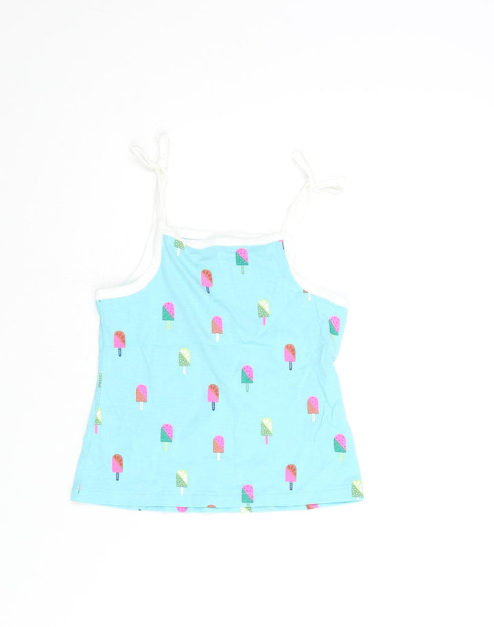 Marks and Spencer Girls Blue Geometric Cotton Basic Tank Size 2-3 Years Square Neck Pullover - Ice Lolly Print