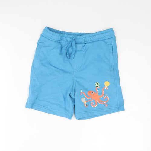 Marks and Spencer Boys Blue Cotton Sweat Shorts Size 7-8 Years Regular Drawstring - Octopus Print