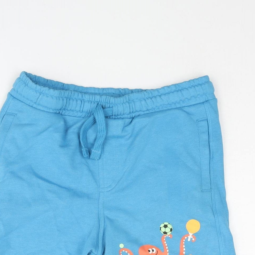 Marks and Spencer Boys Blue Cotton Sweat Shorts Size 7-8 Years Regular Drawstring - Octopus Print