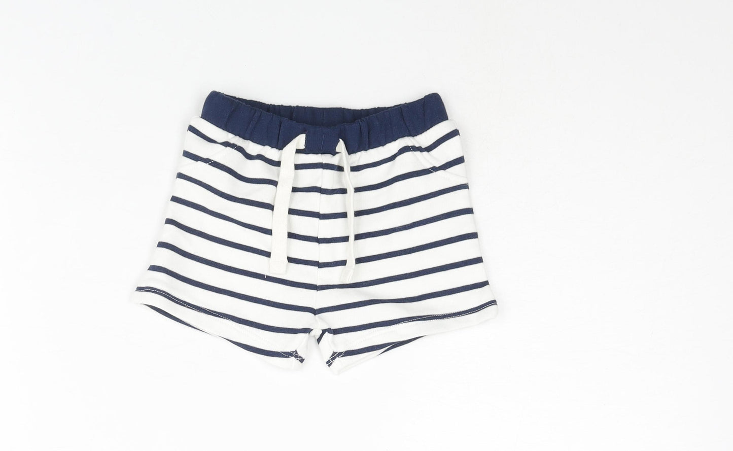 Marks and Spencer Boys Blue Striped Cotton Cropped Trousers Size 3-6 Months Drawstring